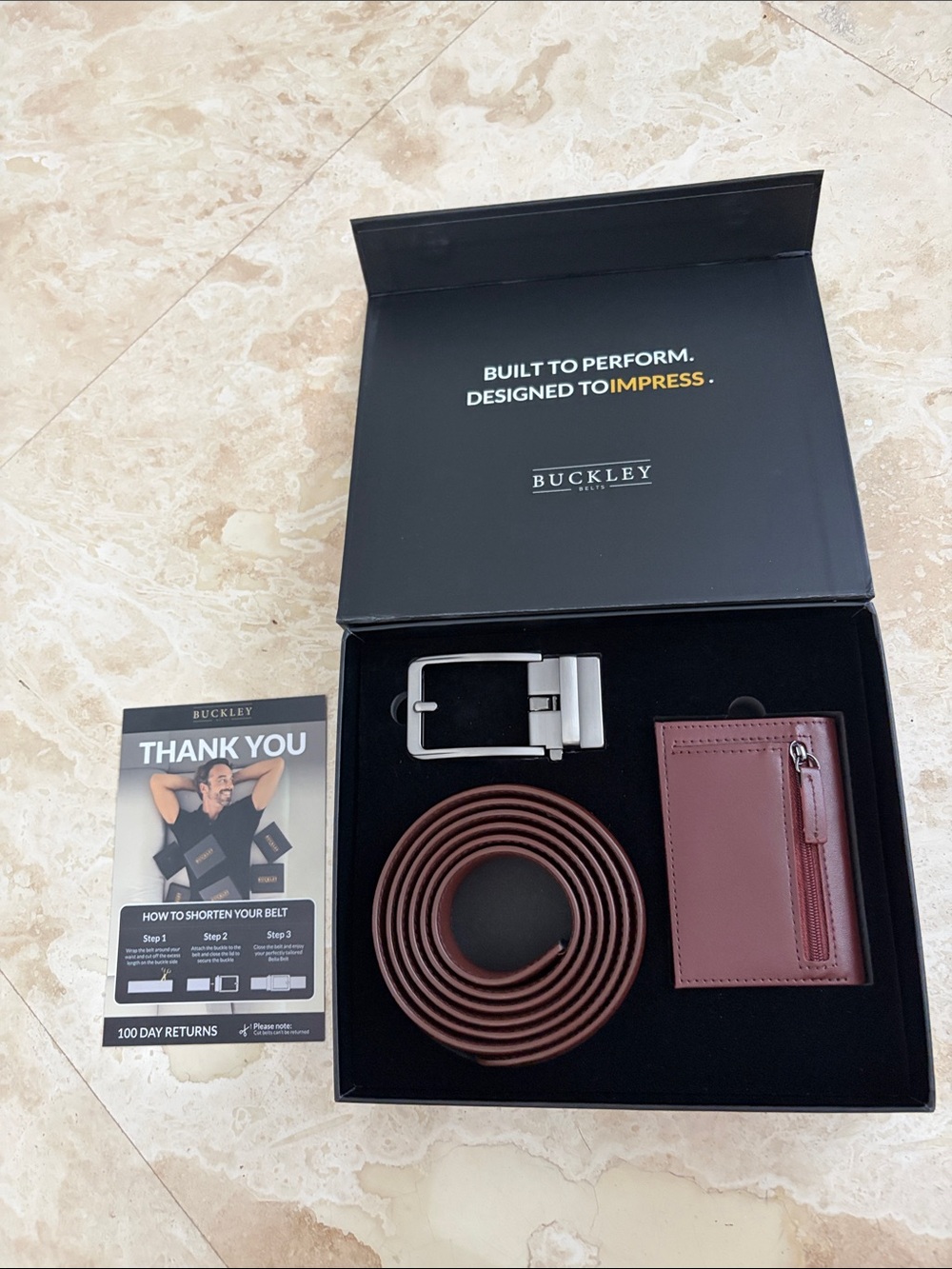 Buckley Men’s Brown Leather Belt and Matching Card Wallet with Silver Buckle